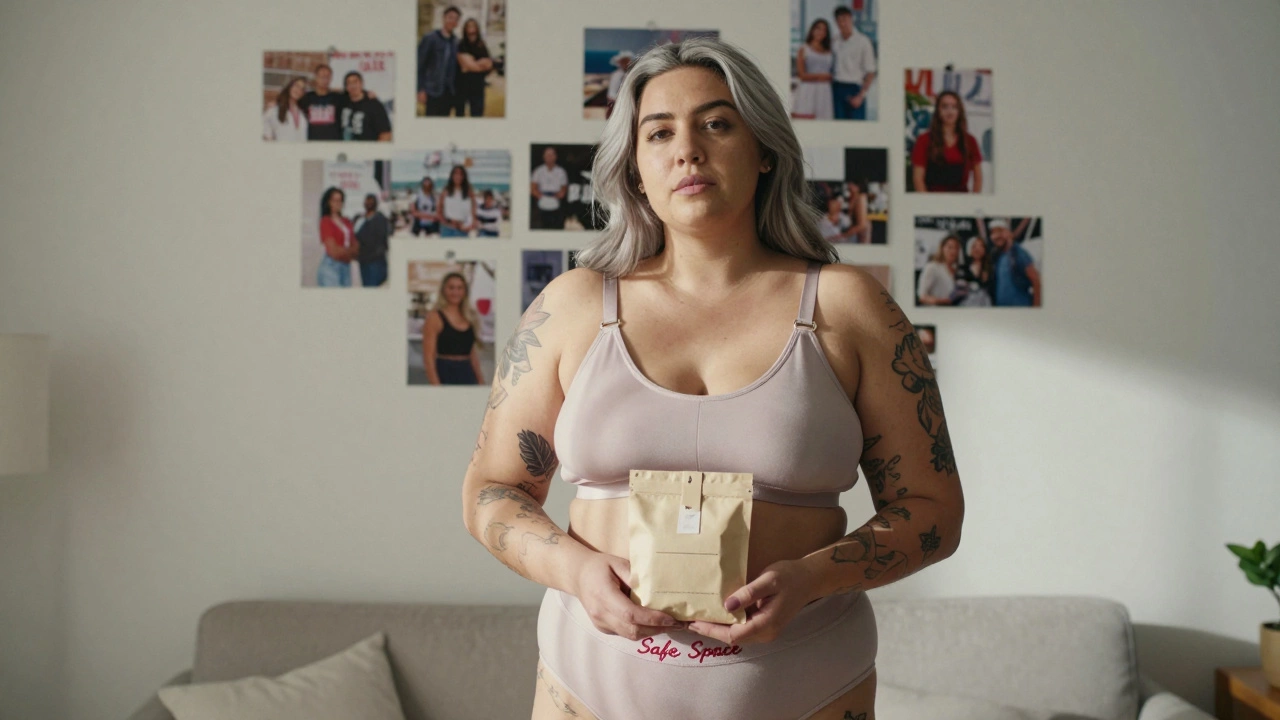 A confident woman wearing discreet, adjustable lingerie in a quiet home, holding a no-brand package.