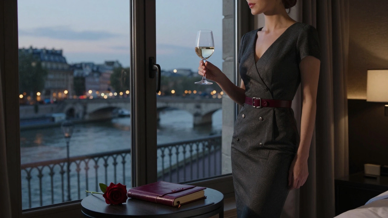 A woman standing by a hotel window in Paris, looking out at the city lights at dusk.