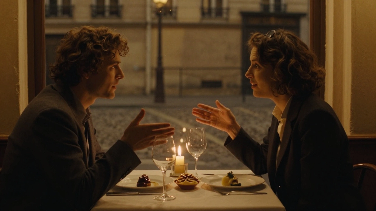 Two people enjoying an intimate dinner in a cozy Parisian restaurant at night.